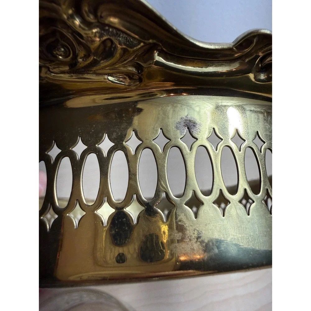 Vintage Brass Gallery Tray Ornate Floral‎ Rim Starburst Cut Glass Insert